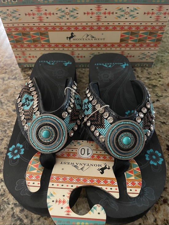 Montana West Shoes - Montana West Black & Turquoise Beaded Western Thong Sandals